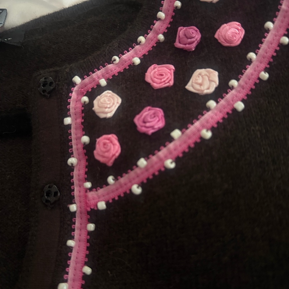 Vintage Lambswool Sweater Cardigan |Brown Pink Floral Cottagecore Soft Grunge XL - Picture 9 of 13